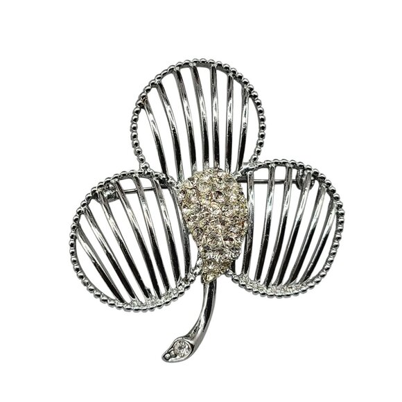Paved Center 3 Leaf Clover Brooch Silver Tone Open Metal Work Clear Rhinestone - Picture 2 of 8